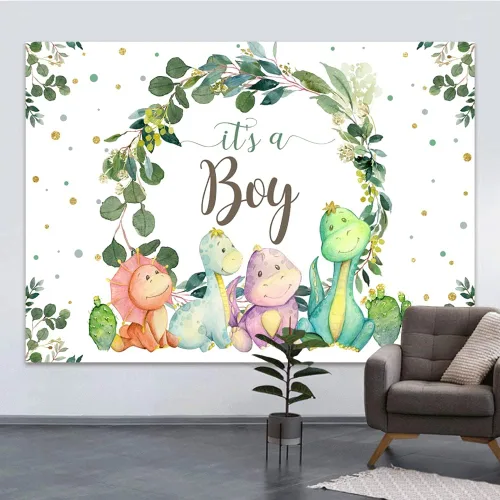 Miniatura 2 de Fondo de 7 x 5 pies con texto en inglés "It's a Boy" para baby shower, dinosaurio, cactus y hojas de eucalipto, fondo para fotografía, suministros