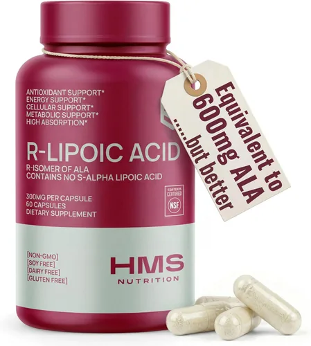 HMS Nutrition Ácido R-lipoico estabilizado de 300 mg por porción, ácido R alfa lipoico puro (R-ALA) de alta potencia activo R isómero, antioxidante
