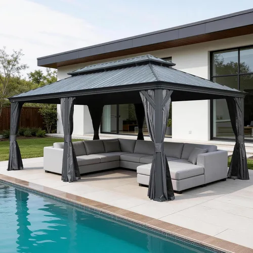 Miniatura 27 de Domi - Cenador de techo rígido de 8 x 8 pies con malla y cortinas, cenador para exteriores con techo doble de acero galvanizado para patio, césped