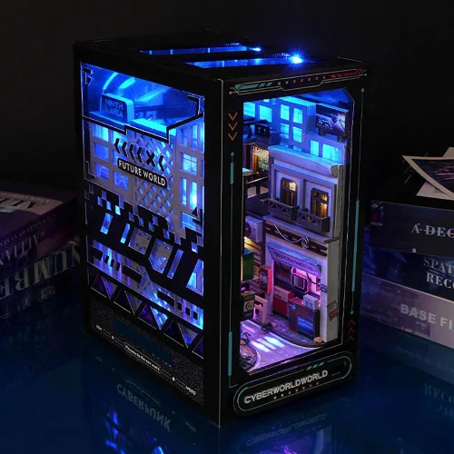 Miniatura 7 de Decoración de estantería de estantería de casa de muñecas DIY, kit de rincón de libros, rompecabezas de madera 3D con iluminación LED, estante