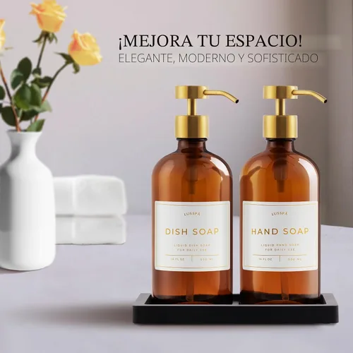 Miniatura 2 de Juego de 2 dispensadores de jabón de vidrio (ámbar) con bandeja de silicona, dispensador de jabón de manos y platos para cocina y baño, botellas