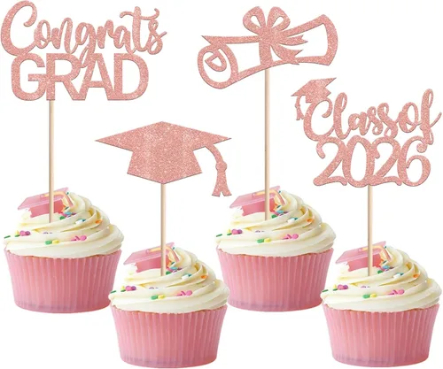 Miniatura 24 de Rsstarxi Paquete de 24 adornos para cupcakes de graduación 2026, con purpurina azul, para la clase de 2026, para diplomas, 24 piezas (6 diseños)