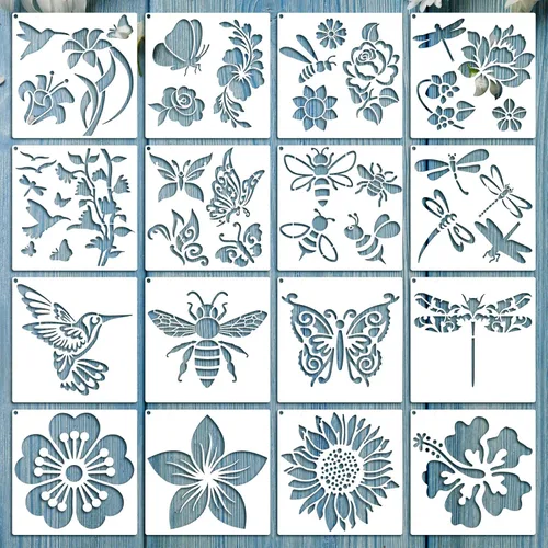 Plantillas de 16 piezas para pintar girasol, mariposa, plantilla floral para primavera y verano, plantillas grandes reutilizables de pintura de