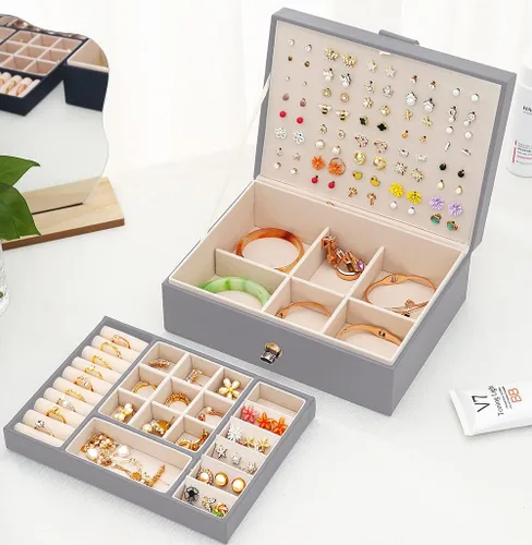 Miniatura 2 de QBestry Organizador de aretes de tuerca para mujeres y niñas caja de joyería gris para aretes collar organizador de joyas caja de aretes para mujer