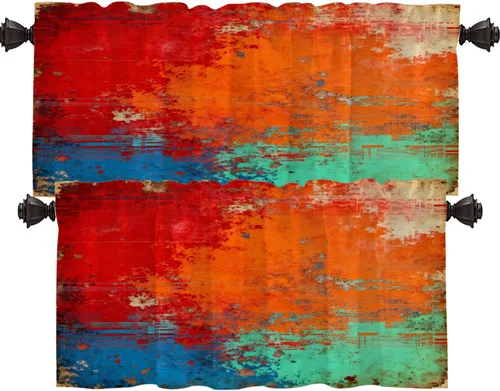 Miniatura 96 de Shrahala Beige and Orange Abstract Art Brushstrokes Blackout Curtain Tiers, Abstract Oil Paint Kitchen Valance Light Blocking Tier Drapes with Rod