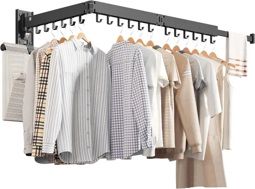 Miniatura 8 de ZdwCyl Estante de secado de ropa, ahorro de espacio de lavandería montado en la pared, retráctil, plegable (tres pliegues), ropa de color blanco