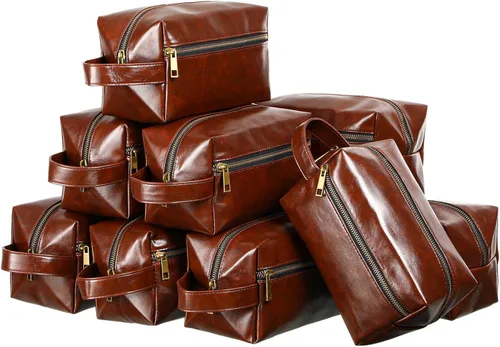 Miniatura 8 de Hillban 10 piezas de regalo de padrinos de boda bolsa de aseo de cuero para hombre, kit de afeitado de viaje, bolsa de baño, maquillaje, suministros