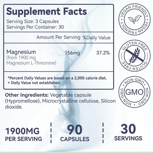 Miniatura 6 de Paquete de 2 L-treonina de magnesio, suplemento de magnesio de alta absorción, 1900 mg de treonina de magnesio, sin gluten, 180 cápsulas veganas