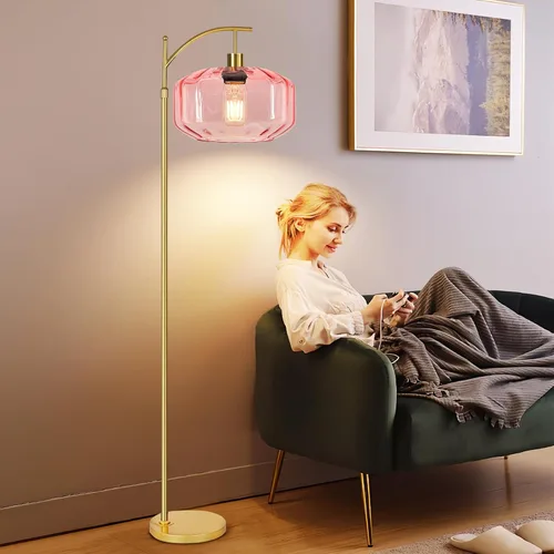 Miniatura 3 de Lámparas de pie doradas para sala de estar, dormitorio, lámpara de pie de cristal con control remoto y pantalla rosa, lámpara de pie regulable
