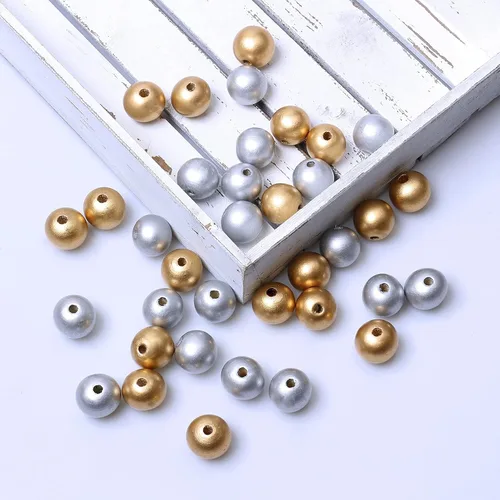Miniatura 6 de 50 cuentas redondas de madera mezcladas en colores dorado y plateado, cuentas sueltas pintadas lisas de 0.787 pulgadas (0.787 pulgadas), suministros