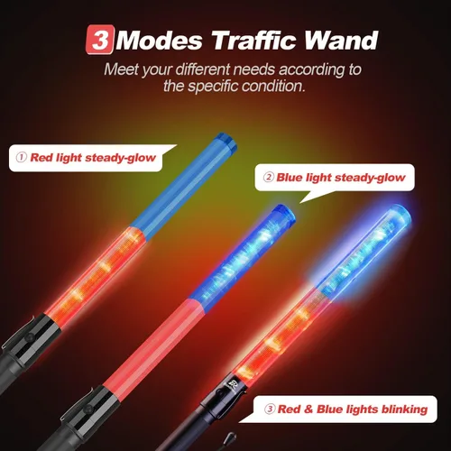 Miniatura 4 de RoadHero Paquete de 2 bastones de control de tráfico de 21 pulgadas, varita de tráfico LED roja y azul con 3 modos de parpadeo, varita de señal