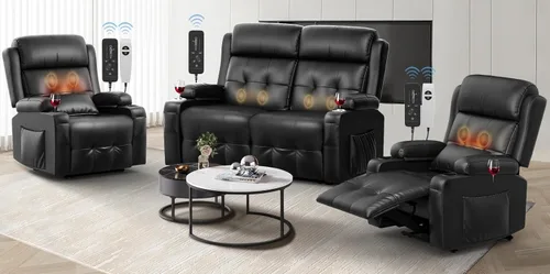 Miniatura 37 de Sofá reclinable de dos plazas, sofá reclinable de masaje de gran capacidad, silla de dos plazas para RV con espacio de almacenamiento, portavasos