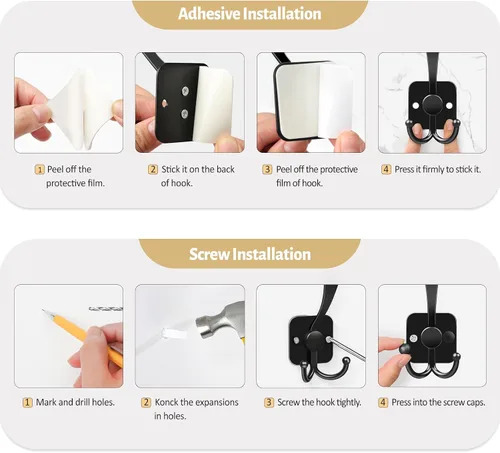 Miniatura 8 de VIS'V Ganchos para colgar abrigos de pared, ganchos de metal autoadhesivos de 3 puntas para puerta de entrada, 2 opciones de montaje, negro, 4