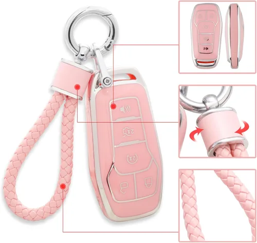 Miniatura 4 de YO&YOYE Funda para llavero Ford con llavero, funda de TPU suave rosa para F150 Explorer Mustang Edge Lincoln MKZ MKX MKC