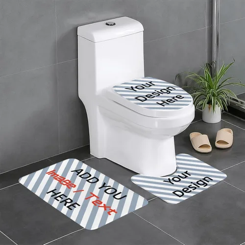 Miniatura 2 de Juego de alfombras de baño personalizadas de 3 piezas personalizadas, con imagen, texto, logotipo, contorno de inodoro, cubierta de tapa, tapete
