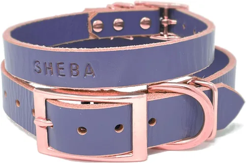 Miniatura 18 de Collar de cuero personalizado hecho a mano para perro con bridón grabado con el nombre de la mascota, herrajes en tono cobre/oro rosa (negro)