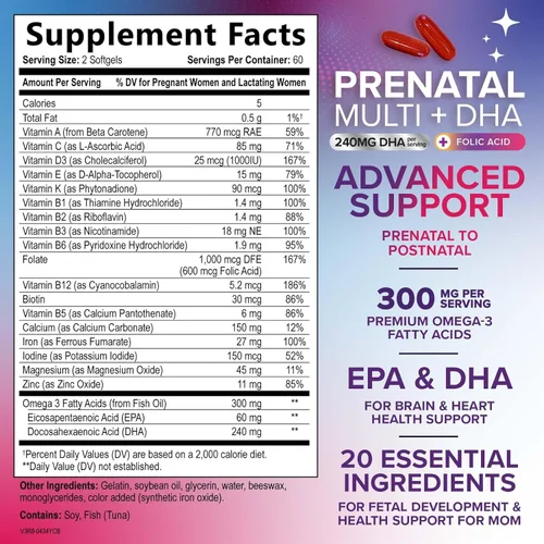 Miniatura 2 de Vitaminas prenatales con ácido fólico y DHA, apoyo al desarrollo cerebral fetal con folato y omega 3, multivitamínico prenatal para mujeres