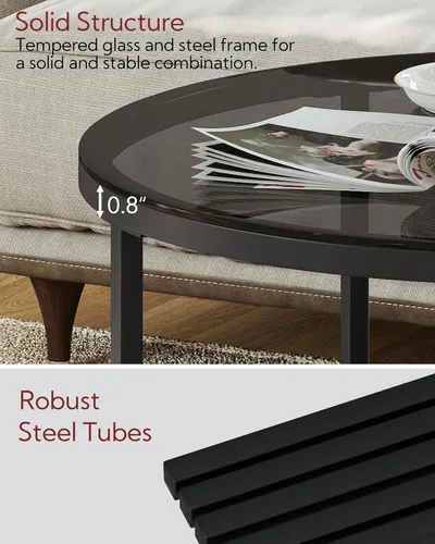 Miniatura 7 de Yusong Mesas de centro redondas de vidrio para sala de estar, mesa auxiliar circular de 2 niveles con almacenamiento, mesa central moderna de 26