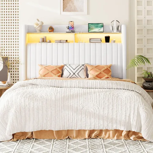 Miniatura 8 de Allewie Marco de cama de almacenamiento hidráulico elevable, tamaño Queen, cabecero de estante de 2 niveles con luces LED y estación de carga, Blanco
