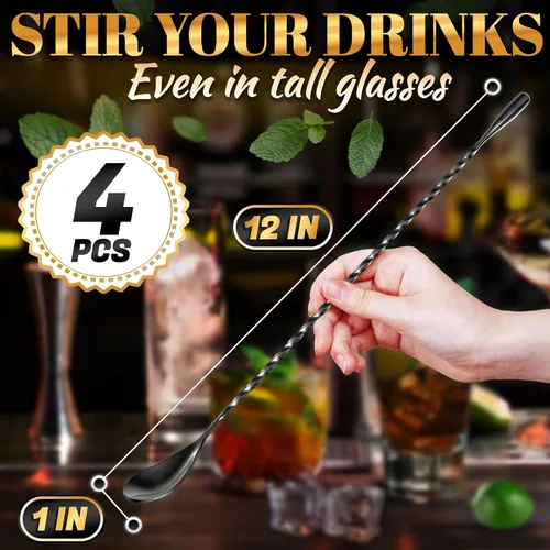 Miniatura 2 de Juego de 4 cucharas de bar para cóctel, cucharas mezcladoras – 30 cm de acero inoxidable con mango en espiral retorcido, buenas para cócteles, té