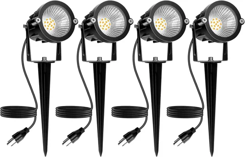 REEGOLD Foco para exteriores blanco cálido de 2700 K, luces LED de 10 W al aire libre para patio, jardín, árbol, 120 V, enchufable, iluminación de