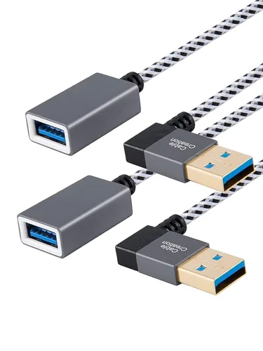 CableCreation Paquete de 2 cables de extensión USB 3.0 cortos en ángulo recto, cable extensor macho a hembra de 1 pie para unidades flash, teclado,