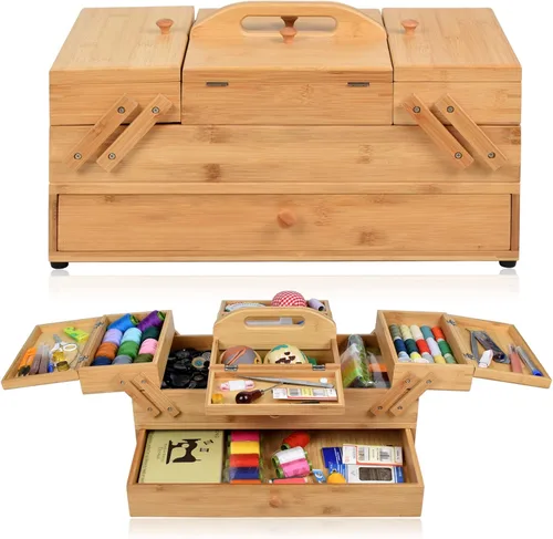 Caja Organizadora de Costura de Madera para Suministros de Costura, Caja de Almacenamiento para Pasatiempos de Costura y Manualidades, 3 Niveles de