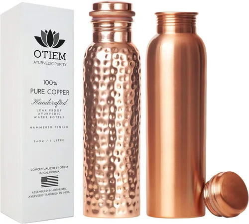Otiem Juego de 2 unidades de hidratación de cobre | Botella elegante de 32 onzas y recipiente ayurvédico martillado de 32 onzas
