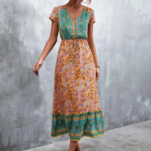 Miniatura 4 de Vestido largo casual de playa para mujer con cuello en V manga corta estilo floral