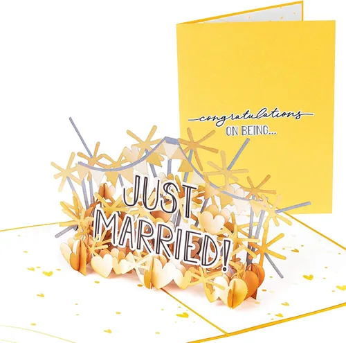 PopLife Just Married - Tarjeta desplegable 3D de felicitaciones – Tarjeta de felicitación de boda, invitación de fiesta de boda, aniversario,