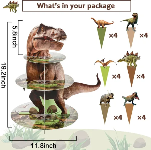 Miniatura 2 de ZOIIWA Soporte de cupcakes con temática de dinosaurio para decoración de fiesta de cumpleaños de dinosaurio, 24 decoraciones de cupcakes, 3 niveles