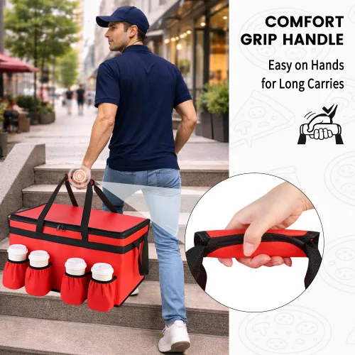 Miniatura 4 de Bolsa de entrega de alimentos con aislamiento con 4 portavasos, bolsas de comestibles aisladas extra grandes para mantener los alimentos Rojo