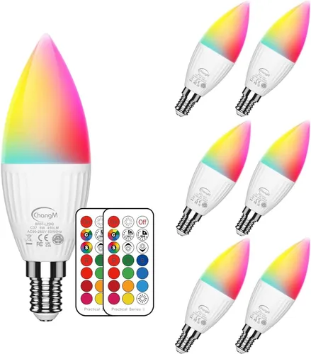 Bombillas LED E12 de 5 W, juego de 6 bombillas de vela que cambian de color, base pequeña B11 equivalente a 40 W, 560 lúmenes, RGB + 2700 K blanco