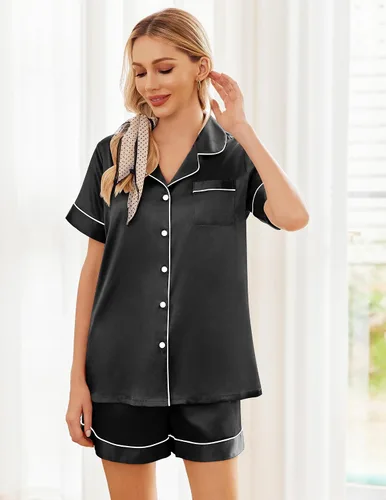 Miniatura 4 de Ekouaer Conjunto de pijama de satén de seda para mujer, suave, de manga corta, con botones, ropa para dormir, camiseta y pantalones cortos, juego