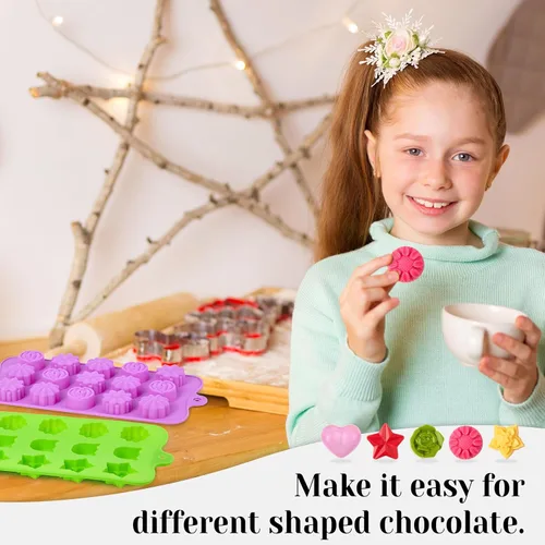 Miniatura 7 de 6 piezas de moldes de silicona para chocolate con forma de flor, juego de moldes de 15 cavidades con forma de rosa, corazón, estrella, moldes