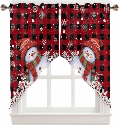 Miniatura 11 de BEMIGO Cortinas de cocina de Navidad, lindas cortinas de granja con muñeco de nieve azul, cenefa con bolsillo para barra de copos de nieve