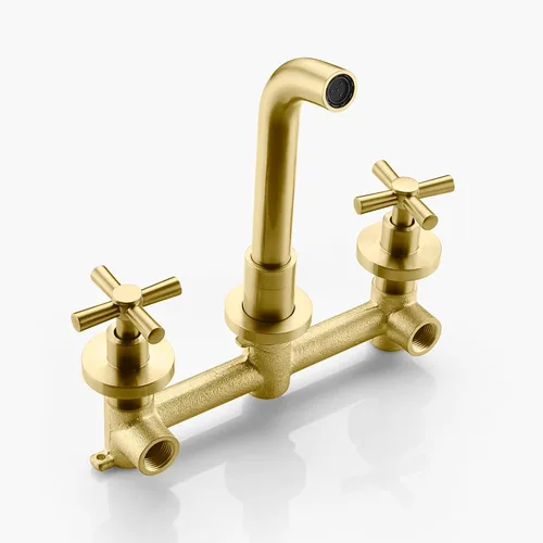 Miniatura 4 de Grifo de baño de latón cepillado para montaje en pared, dos asas cruzadas y válvula empotrada incluida, SUMERAIN Oro cepillado