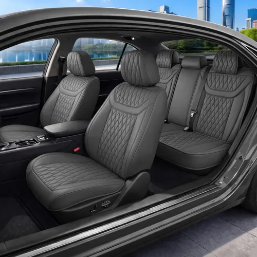 Miniatura 39 de MotorBox Haven Series - Fundas de asiento de piel de napa, para automóviles, edición Lux, fundas de asiento delantero con costuras de diamante