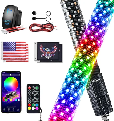 Miniatura 12 de Nilight 2 luces LED RGB en espiral de 3 pies con base de resorte, luz de persecución RF, control remoto, látigos de antena iluminados para Can-Am