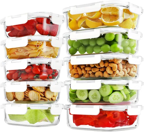 Miniatura 10 de HOMBERKING - Juego de 10 recipientes de vidrio borosilicato para preparación de comidas con tapas de cierre, juego de recipientes de vidrio