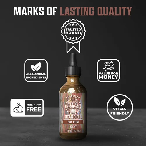 Miniatura 5 de Viking Revolution Aceite de barba de ron de bahía para hombres, suavizante y acondicionador natural con aceites de argán y jojoba para fortalecer e