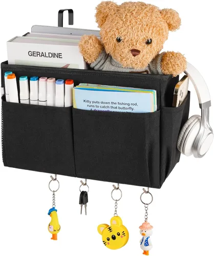 Miniatura 10 de Organizador de almacenamiento de mesita de noche, 5 bolsillos con 4 ganchos, bolsa de almacenamiento colgante para cabeceros/literas (gris)