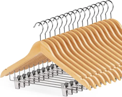 HOUSM - Paquete de 16 perchas de madera para faldas con clips, perchas de madera maciza para pantalones, acabado natural, acabado liso, madera