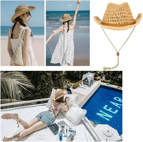 Miniatura 4 de Sombrero de vaquero de paja sombrero de sol vaquera de verano Panamá con correa para la barbilla hombres mujeres sombrero viaje al aire libre