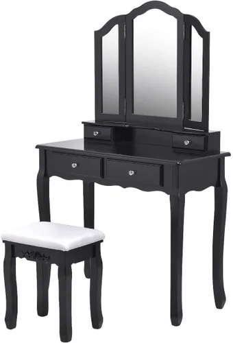Miniatura 4 de Casart Tri Espejo Plegable Baño Vanidad Maquillaje Mesa Taburete Set Muebles para el Hogar con 4 Caj