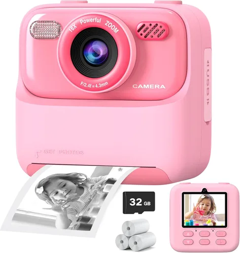 Miniatura 11 de Cámaras digitales instantáneas para niños y niñas, cámara digital selfie HD de doble lente 1080P con papel de impresión y tarjeta de 32G, regalos