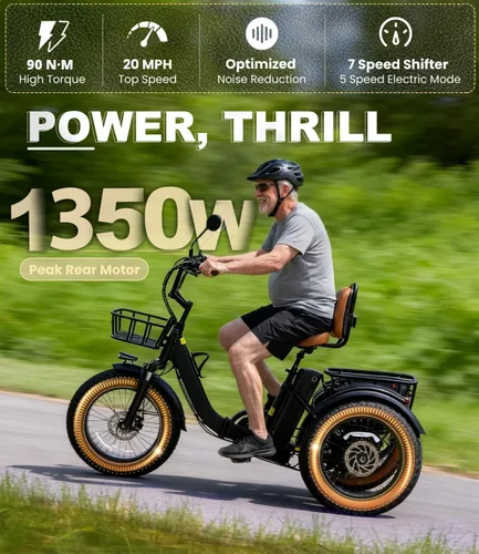 Miniatura 2 de KAKIGO Electric Tricycle for Adults,Peak 1350W Motor Etrike,48V15.6Ah Ebike,20"x4"Fat Tire Aluminum Folding Electric Trike,3-Wheel Electric