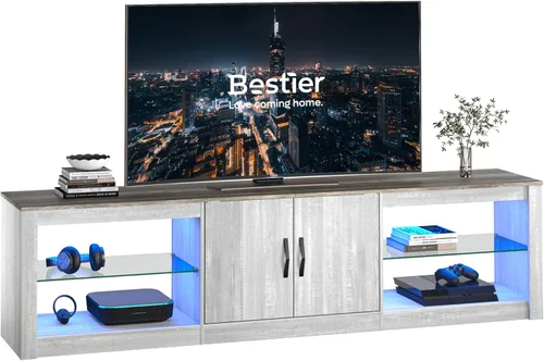 Miniatura 8 de Bestier Soporte de TV LED para TV de 55/60/65 pulgadas, centro de entretenimiento negro de alto brillo con toma de corriente y estantes ajustables