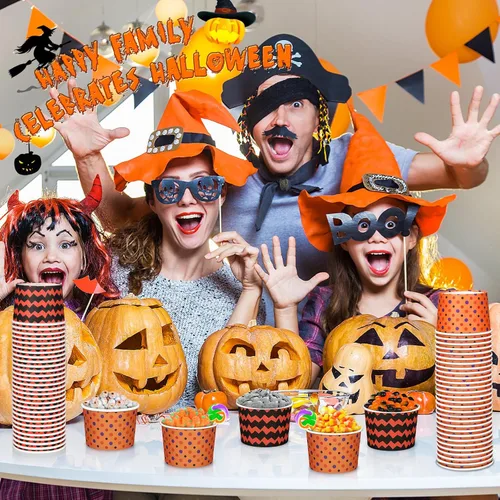 Miniatura 5 de Tanlade 100 vasos desechables de calabaza de Halloween de 8 onzas, tazas de papel de esqueleto, cuencos para dulces, suministros de fiesta