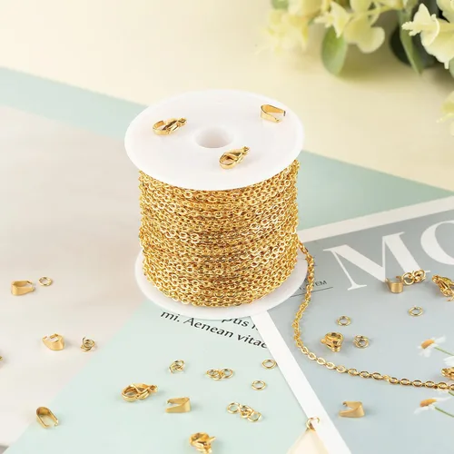 Miniatura 6 de UMAOKANG Cadenas chapadas en oro de 33 pies para fabricación de joyas, carrete de eslabones de cadena de cable plano para manualidades, aretes